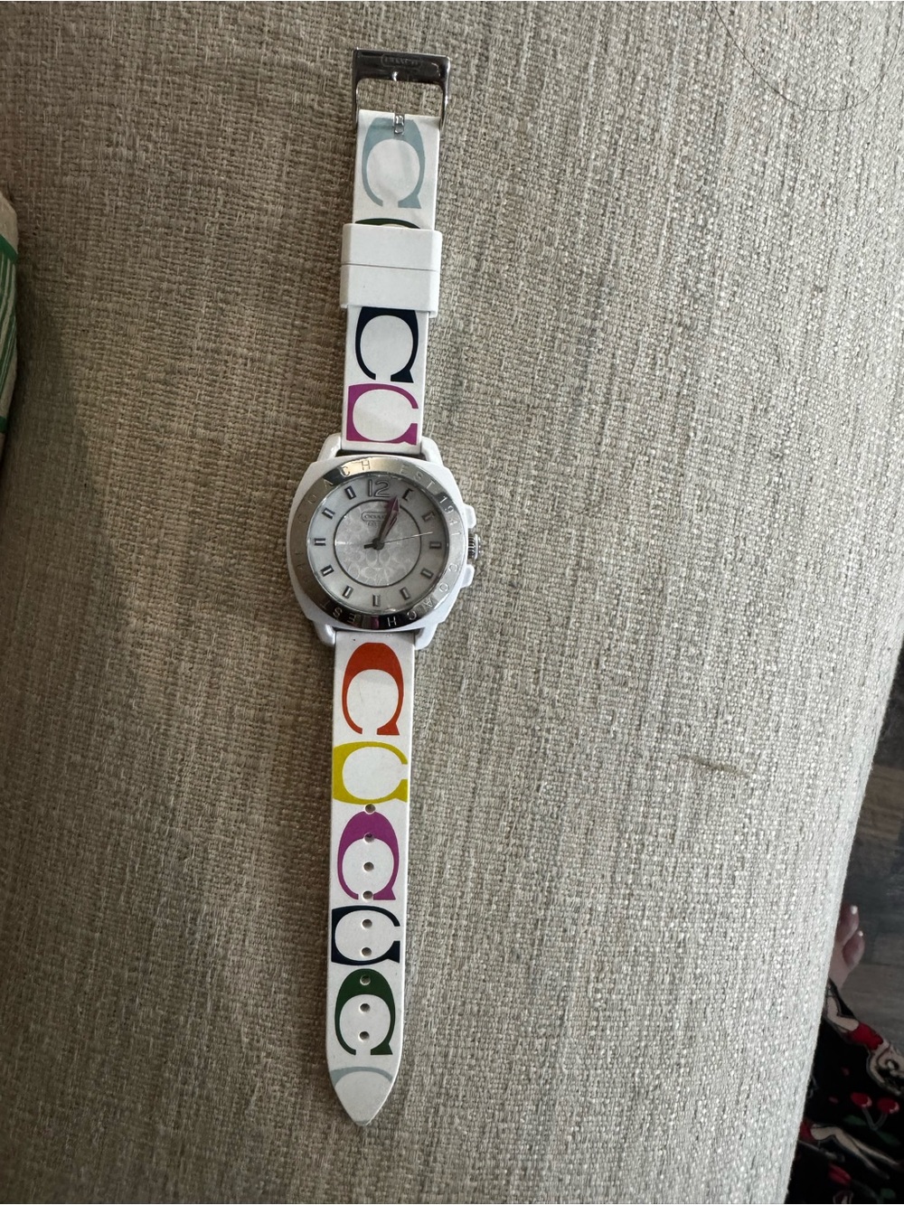 Colorful Coach-Print White Strap Watch
